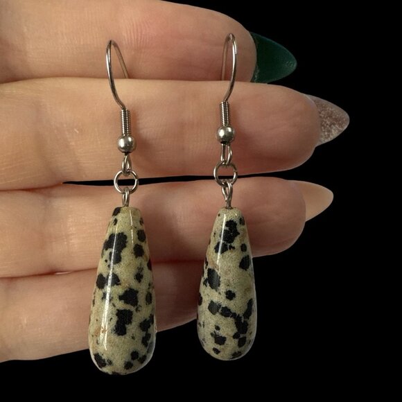 Earrings Dalmatian Jasper Tear drop shaped gemstone jewelry fashion accessories - Picture 2 of 5